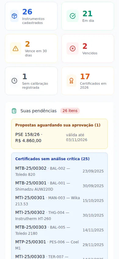 App do Portal do Cliente no celular com instrumentos, vencimentos, certificados e pendências